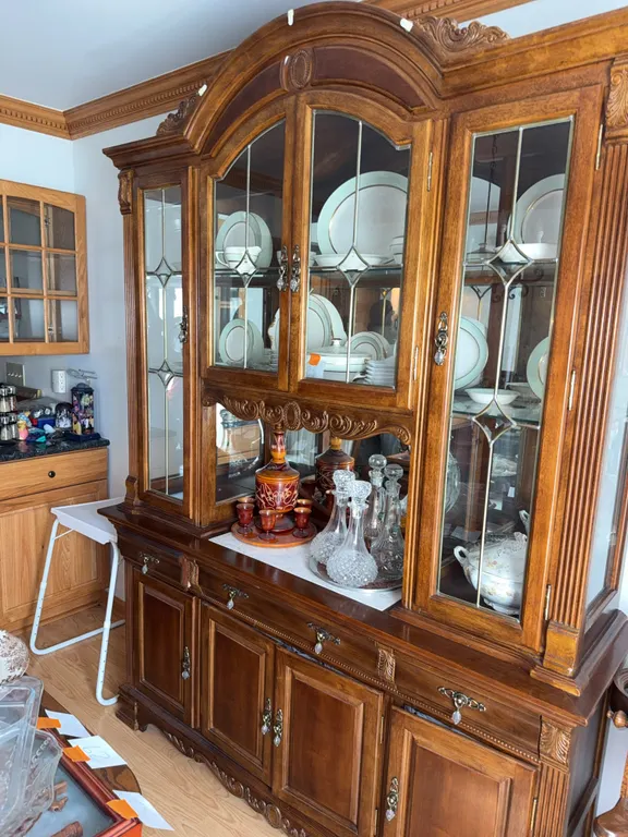 Ornate Wood China Cabinet & Buffet with Leaded Glass Doors