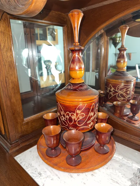 Vintage Hand-Carved Wood Decanter & Goblet Set
