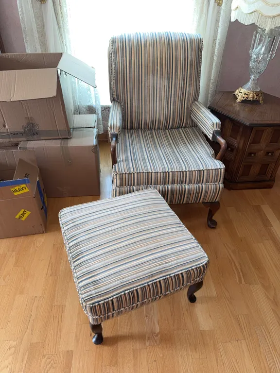 Traditional Striped Upholstered Armchair & Ottoman