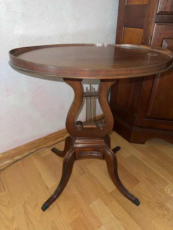 Vintage Lyre Base Round Wood Accent Table