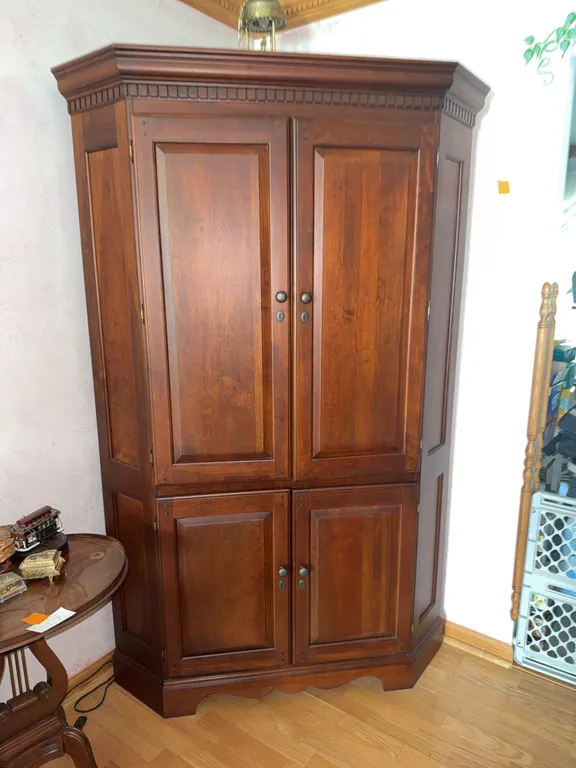Large Corner Wood Entertainment Armoire with Media Storage