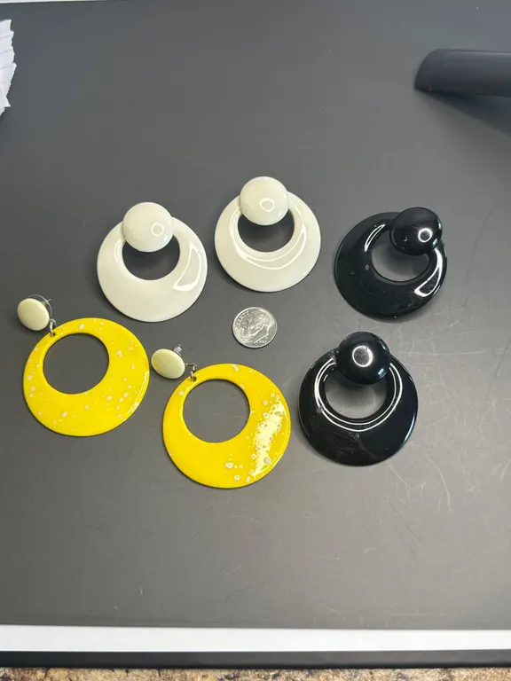 Three Pairs of Vintage-Look Statement Earrings in Black, White, and Yellow
