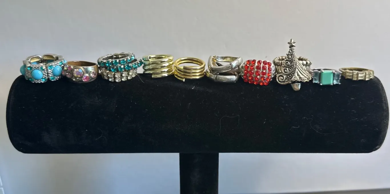 Vintage and Costume Jewelry Rings on Display Stand