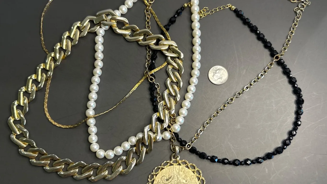 Five Vintage Necklaces: Gold-Tone, Faux Pearl, Black Bead, and Medallion