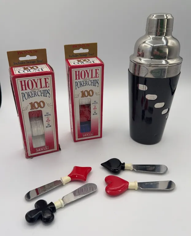 Cocktail Shaker, Poker Chips and 4 Cheese Spreaders