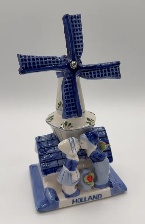 Vintage Delft Blue Holland Windmill w/ Kissing Couple
