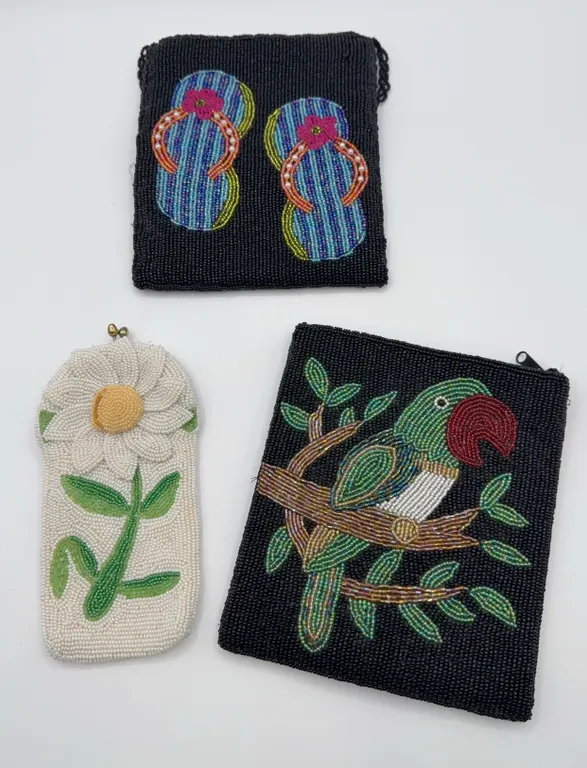 3 Beaded Purses-Ermo Parrot & Flip Flops, Beaded Flower Clutch