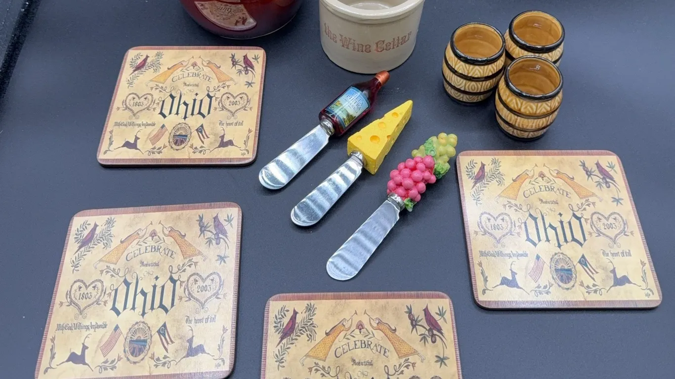 Box Lot Misc Wine Items - Ohio Coasters, Cheese Spreaders, The Wine Cellar