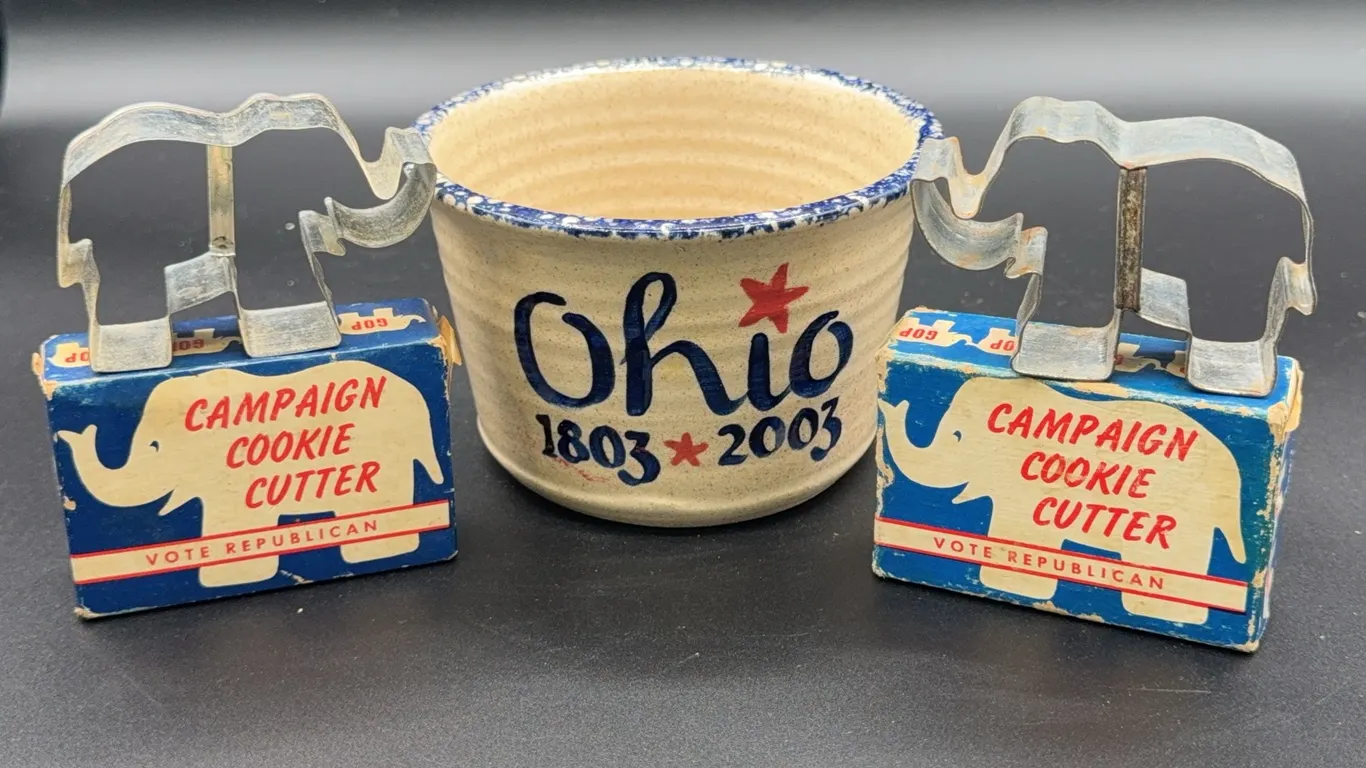 Ohio Handmade Crock Coshocton, Ohio & 2 Vintage Republican Cookie Cutters