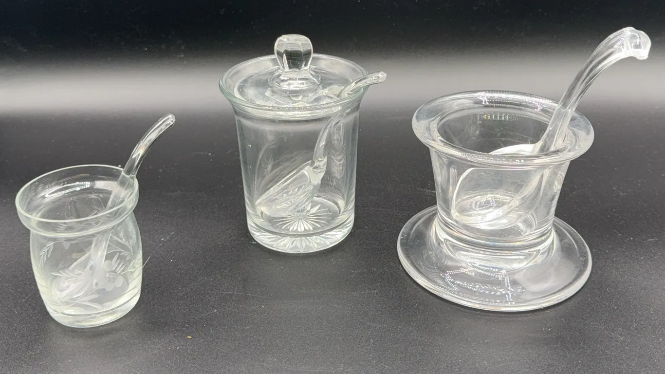 3 Glass Jelly Servers with Spoons (Possible Heisey)