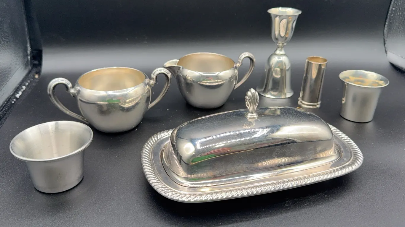 Silver Plate Pieces - Butter Dish, Cream & Sugar, Toothpick Holder, Cordial