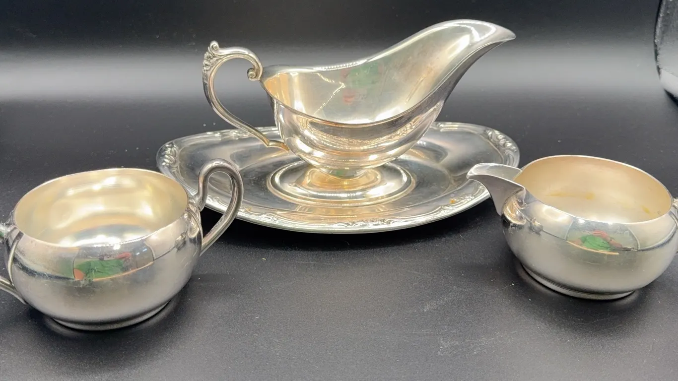 Silver Plate Gravy Boat & Creamer & Sugar