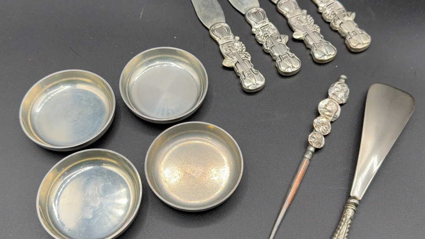 Box Lot Silver Plate - Button Hook, Shoe Horn, Violin Cheese Spreader's, Metal Drink Coaster's