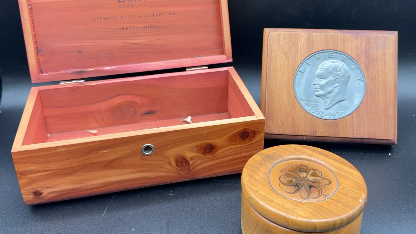 Lane Miniture Cedar Chest - Steward Brothers & Alward Co., Vintage Eisenhower One Dollar Coin Coaste