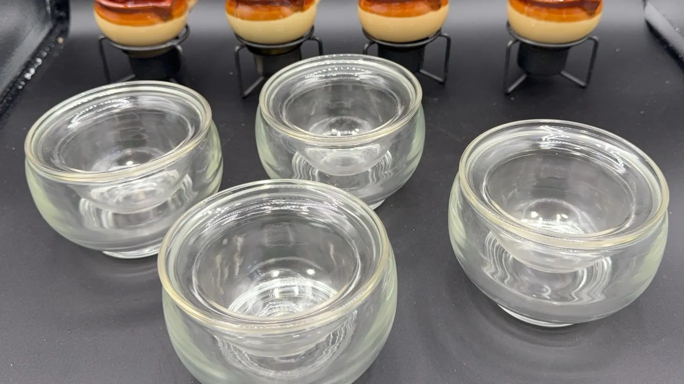 4 Glass Shrimp Cocktail Servers and 4 Butter/Sauce Warmers w/ Box