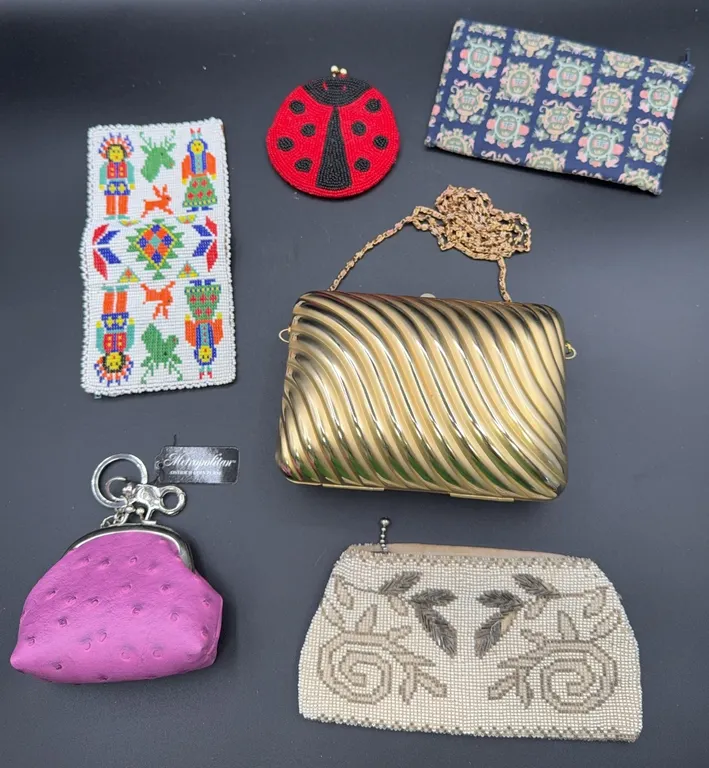 Vintage Hard Shell Evening Purse & Coin Purse's, Beaded Cosmetic Bag & Beaded Native American Wallet