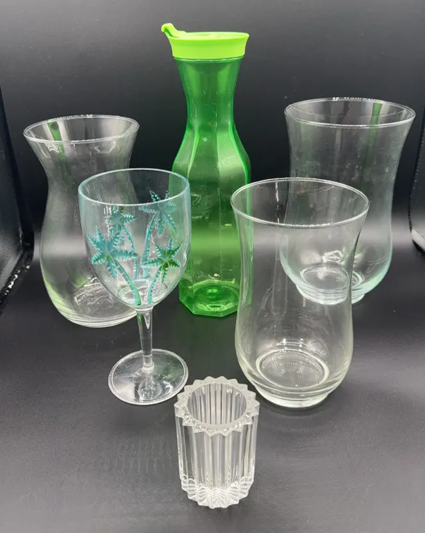 Box Lot 3 Glass Vases & Plastic Wine Glass & Carafe