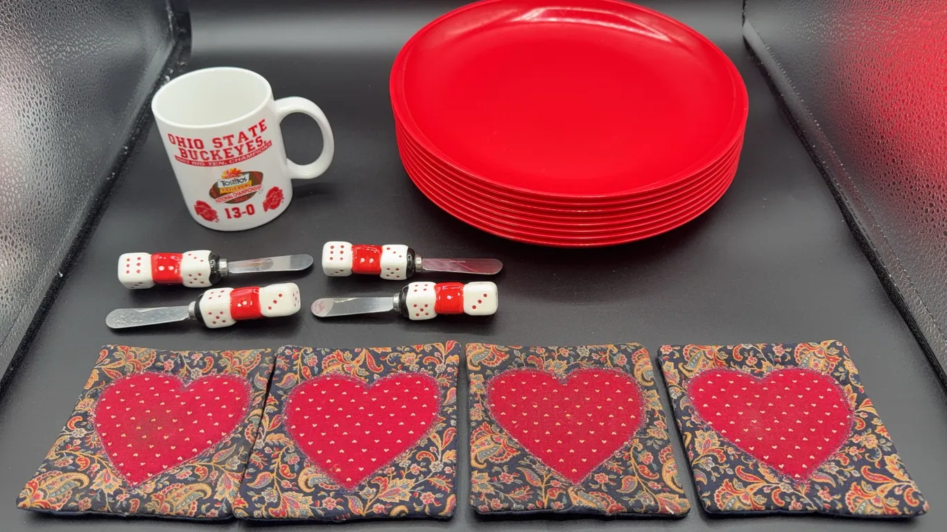 Box Lot OSU Mug, Dice Cheese Spreaders, 8 Plastic Plates and Homemade Coasters
