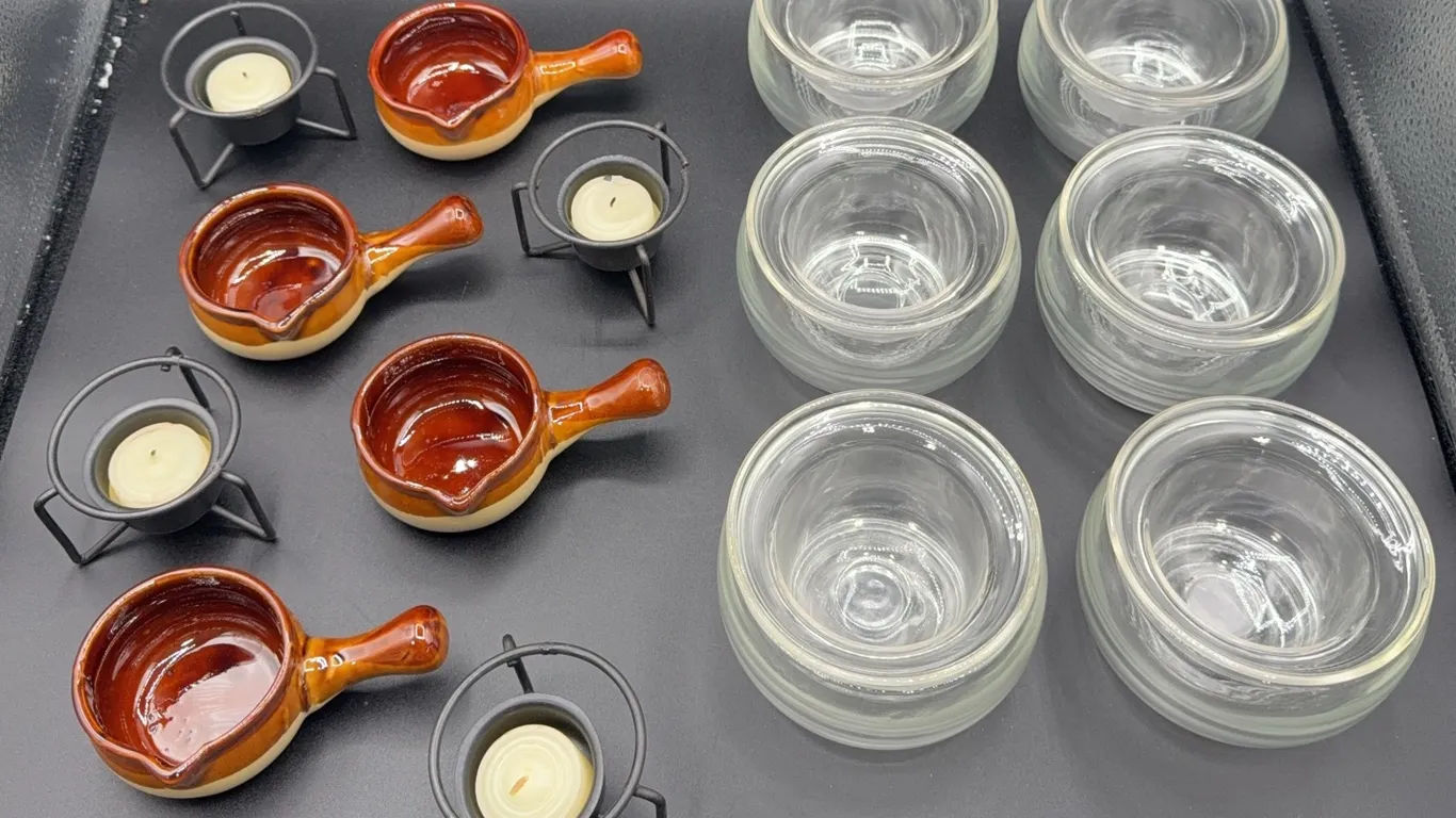 6 Glass Shrimp Cocktail Servers & 4 Butter/Saucer Dishes