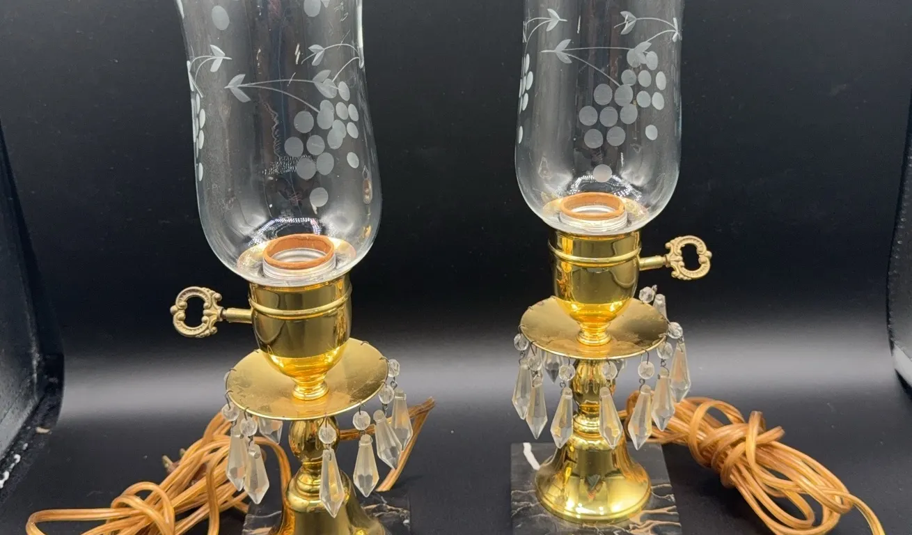 2 Small Marble & Glass Hurricane Lamps