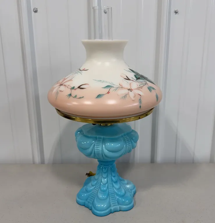 Hurricane Lamp w/ Blue Milk Glass Base