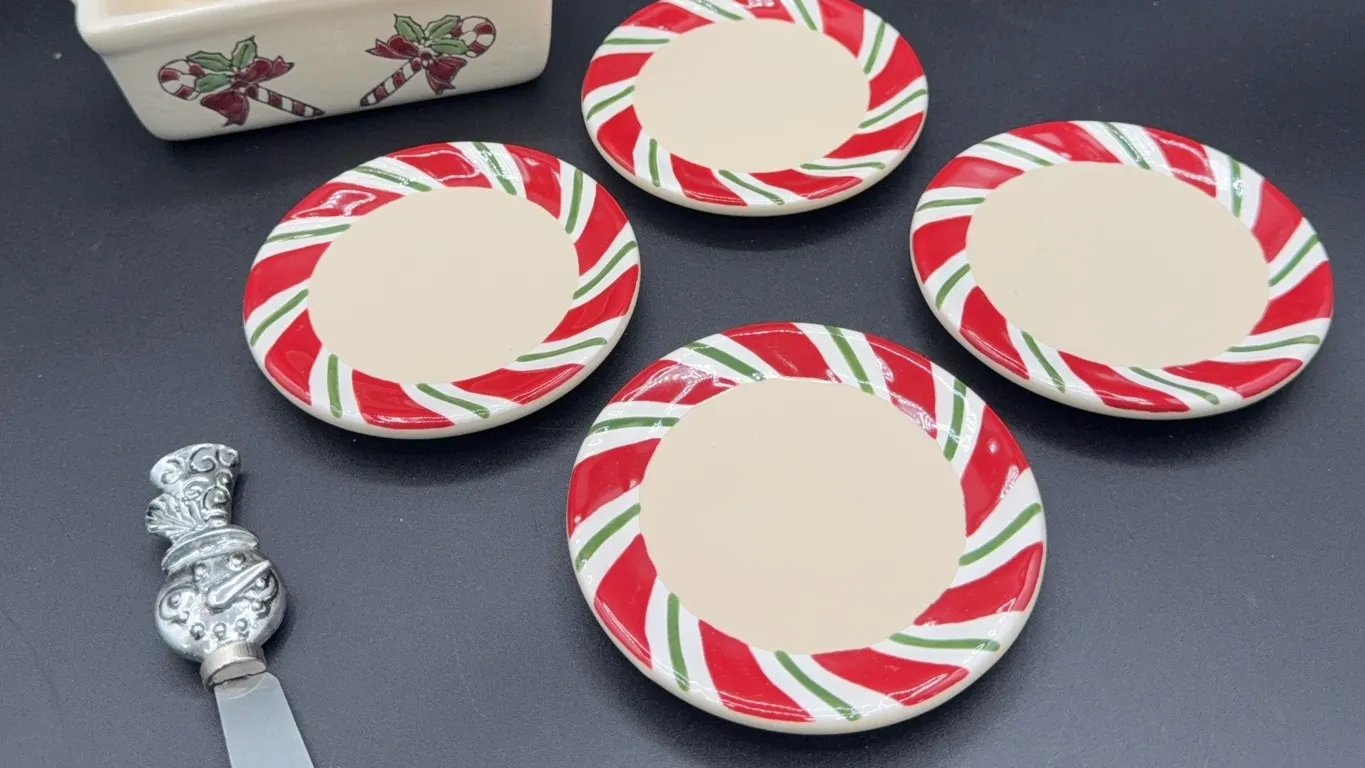 Christmas Mini Loaf Pan, Cheese Spreader and 4 Longaberger Pottery Peppermint Twist Coasters