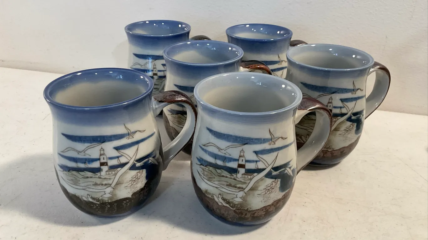 Set of 6 Coastal Lighthouse Pottery Mugs