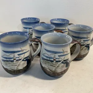 Set of 6 Coastal Lighthouse Pottery Mugs