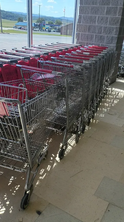 Metal wire shopping carts. Features red plastic handle sleeves, folding child seats, and lower wire storage trays. Mounted on front swivel casters and