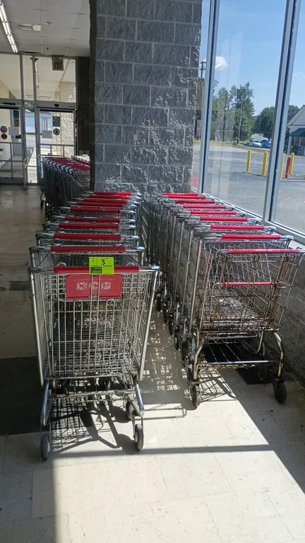 Metal wire shopping carts. Features red plastic handles, folding child seats, and swivel casters. Note: Units exhibit corrosion and rust on lower fram