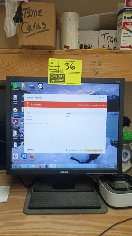 Desktop computer package. Includes an Acer V176L monitor, desktop computer tower, wired keyboard, and Logitech wired optical mouse.
