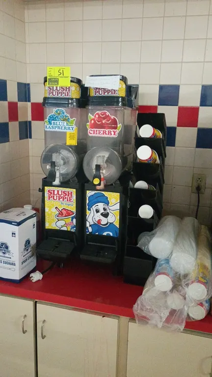 Slush Puppie 2-bowl frozen beverage dispenser. Features dual clear product hoppers, manual dispensing levers, and lower drip trays. Includes counterto