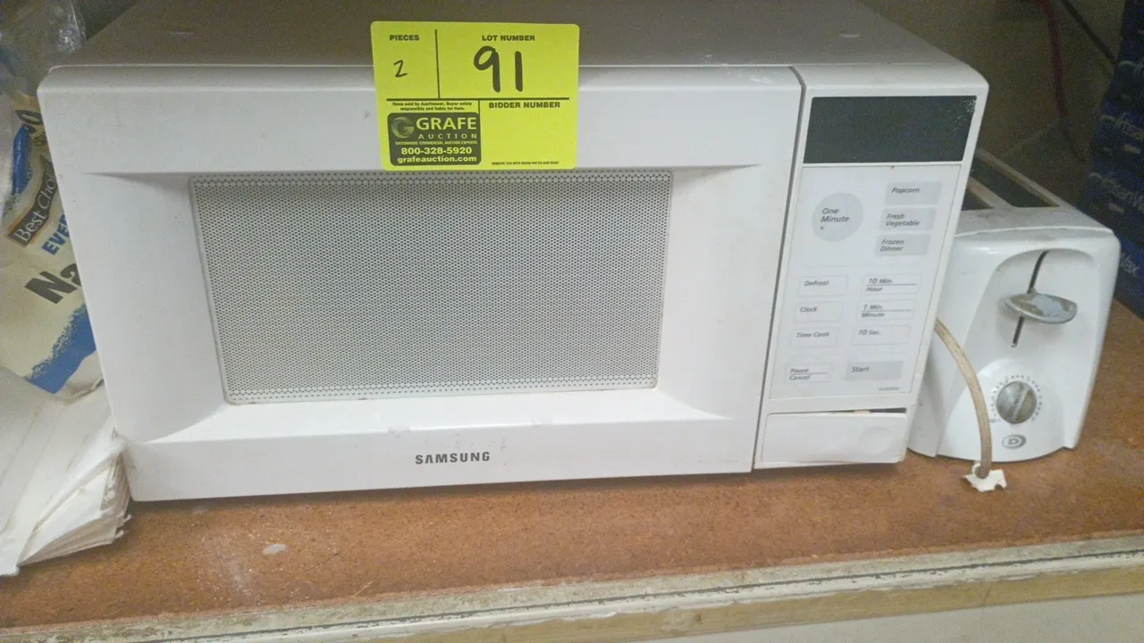 Samsung countertop microwave and 2-slice toaster. Microwave features a digital keypad, push-button door release, and glass turntable. Toaster features