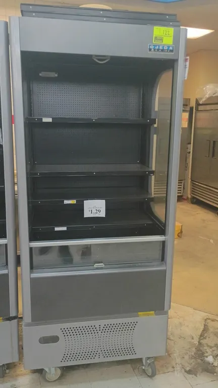 Ojeda ALPA-77 G2 open-air refrigerated display merchandiser. Features glass side panels, (4) adjustable shelves, and bottom display deck. 35"W x 30"D