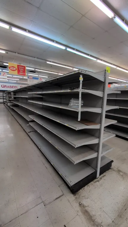 104'L of Madix gondola shelving. Features 72"H uprights with 22" and 18" base shelves, adjustable upper shelves, and a gray finish. Note: Sold by the