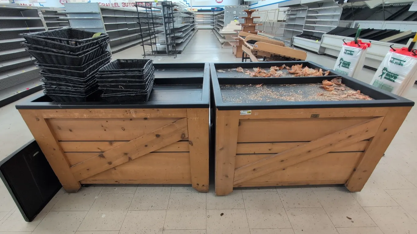Wood dump merchandisers. Features rustic wood crate construction with diagonal bracing and black poly display tops. 4'L each. Contents not included.