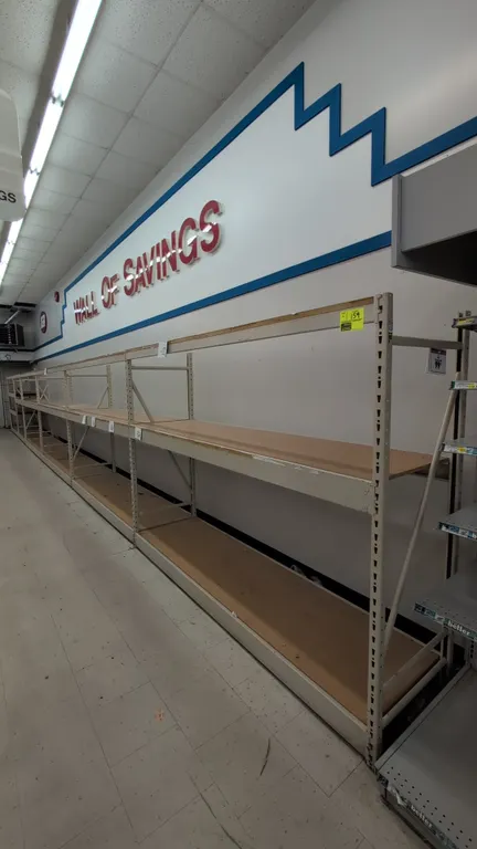 Metal warehouse racking. Features painted steel frame construction with particle board decking. Includes (2) 72"L x 26"W x 72"H sections and (4) 96"L