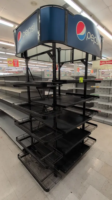 Pepsi-branded 3-sided metal merchandise display rack. Features curved overhead Pepsi graphics canopy, central solid shelves, and adjustable perimeter