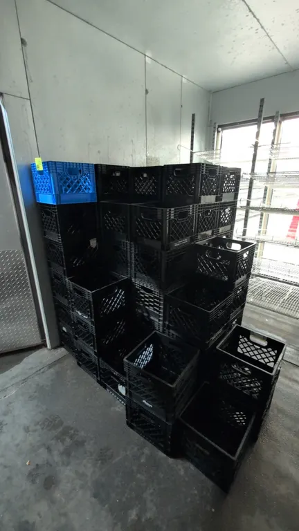 Poly milk crates. Features molded plastic construction with integrated carry handles and stackable interlocking design. Dimensions: 13" x 13" x 11" ea
