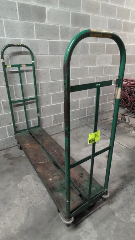 Metal U-boat cart. Features green painted steel construction, dual tall removable end handles, and protective corner bumpers. 5'L. Mounted on a 6-whee