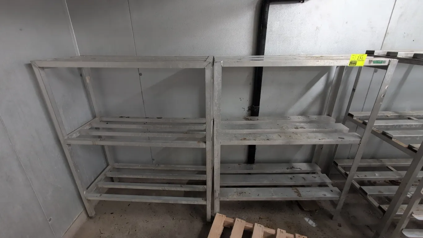 Aluminum 3-tier dunnage racks. Features welded square tube aluminum frame and slatted storage tiers. Dimensions: 48"W x 20"D x 60"H each.