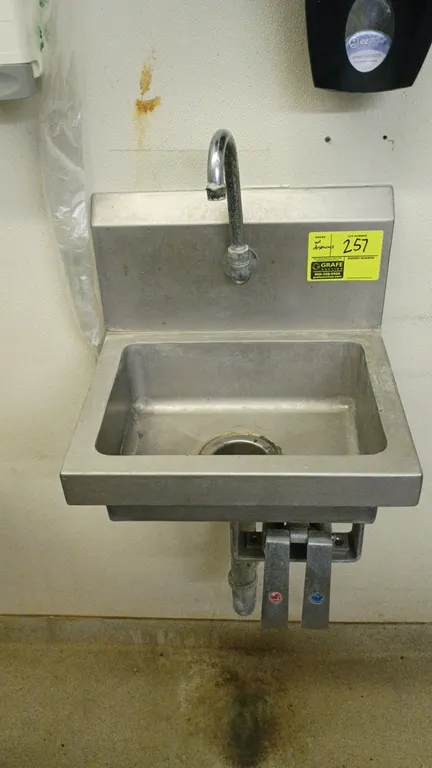 Stainless steel hand wash sink. Features a gooseneck faucet, dual knee-pedal valves, and an integrated backsplash. Includes wall-mounted paper towel d