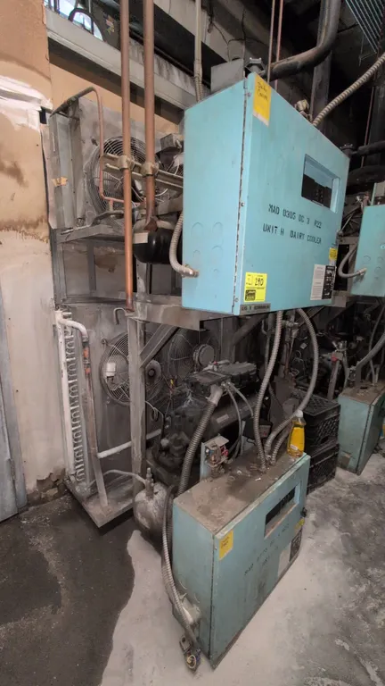 Kysor Warren medium-temp compressor racks. Includes model MAD-0775-DC-3 (S/N: 030764116) with 7.5 HP Copeland compressor and model MAD-0305-DC-3 (S/N: