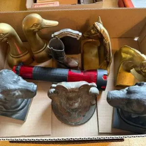 box of book ends, brass and other