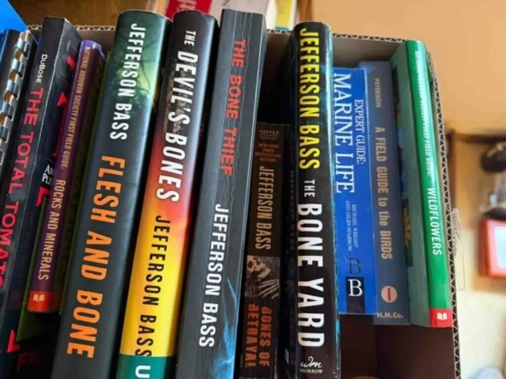 box of Jefferson Bass and other books