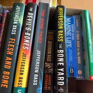 box of Jefferson Bass and other books