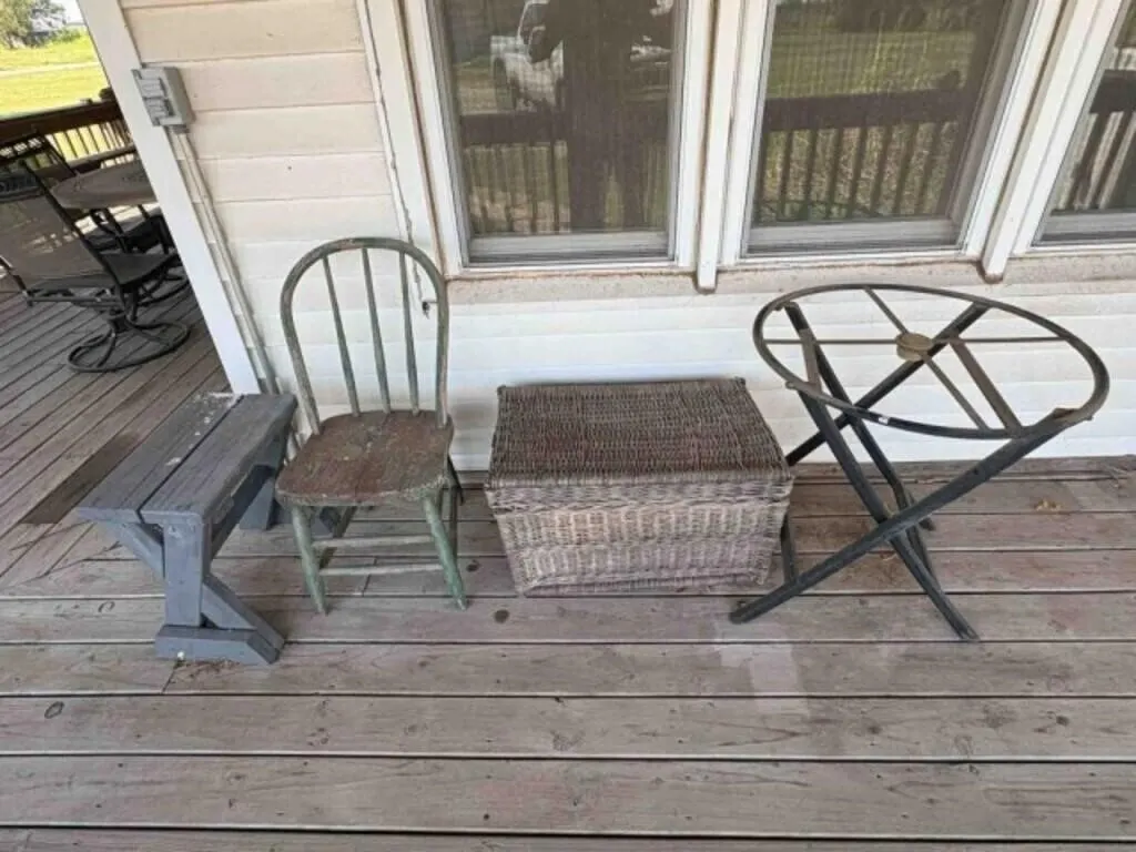 WOOD CHAIR, BASKET, TABLE FRAME