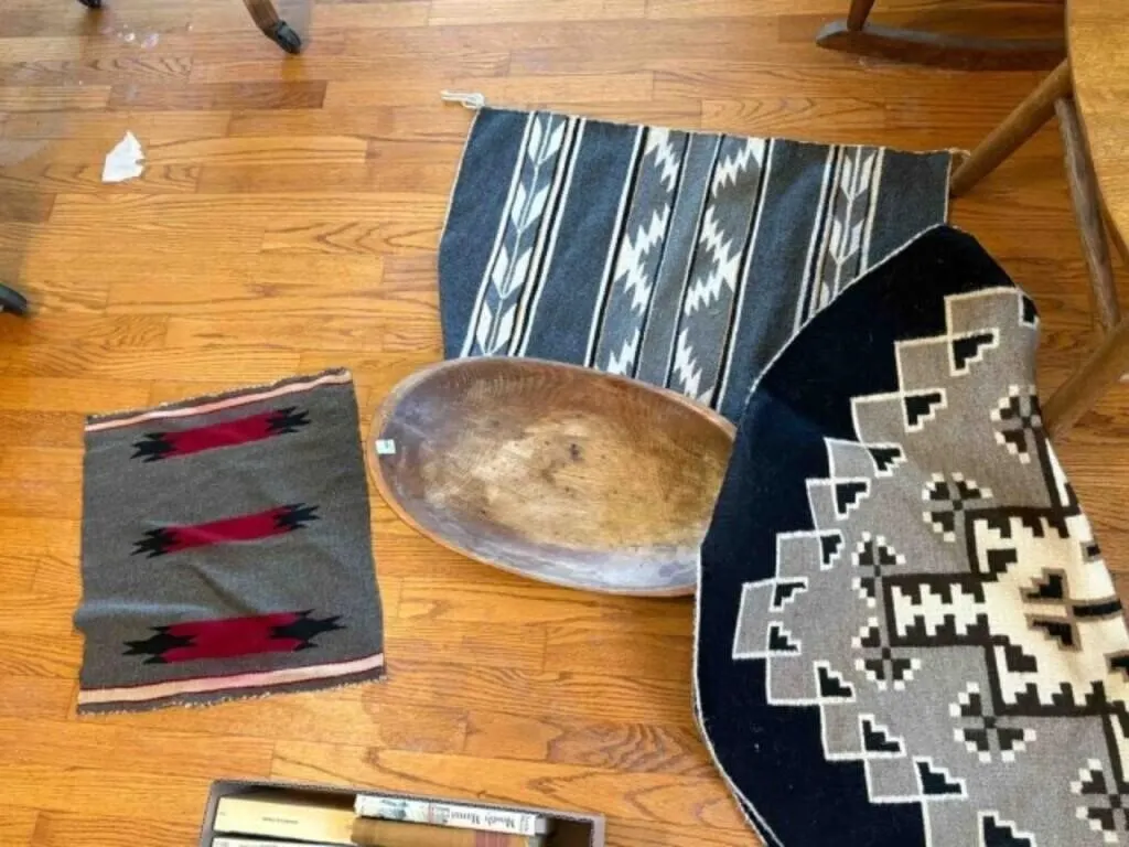3 NATIVE AMERICAN STYLE RUGS, WOODEN OVAL BOWL