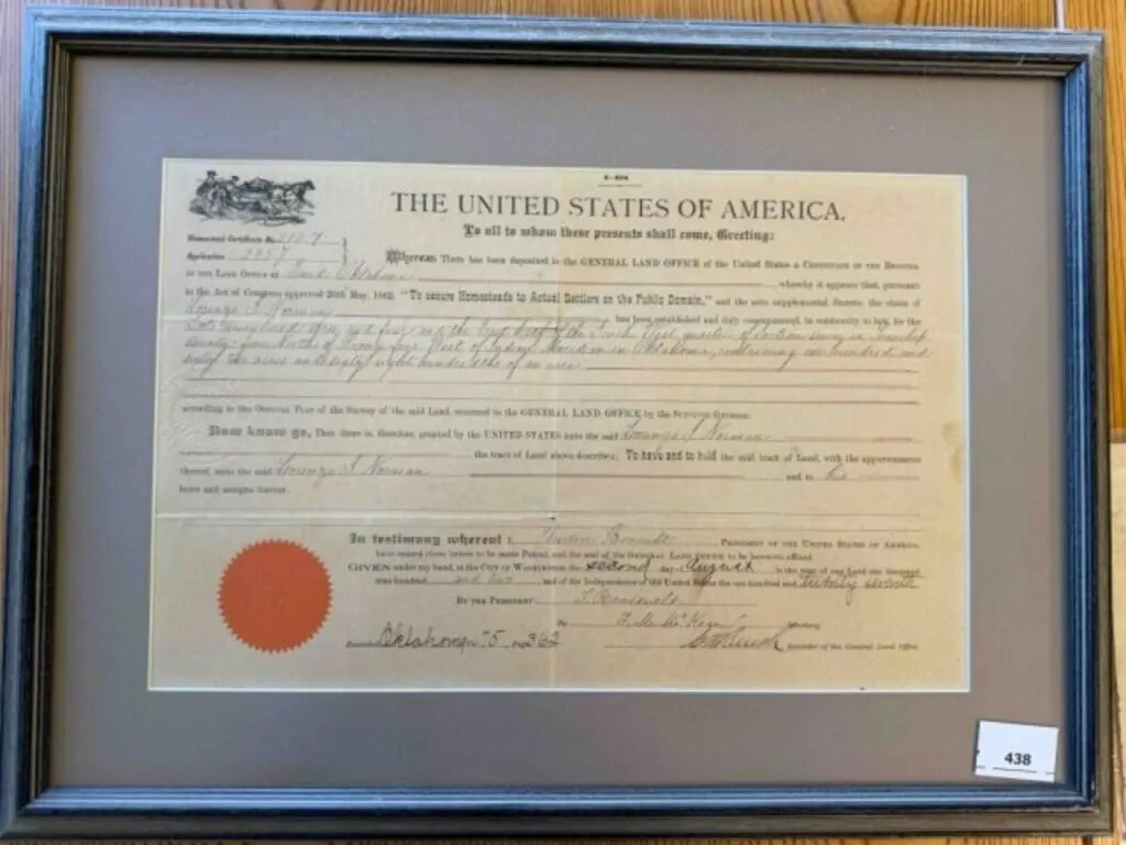 1902 HOME STEAD CERTIFICATE- FRAMED