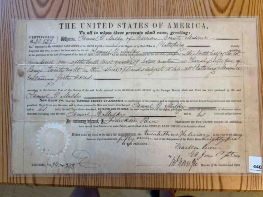 1857 LAND CERTIFICATE 16"X10"
